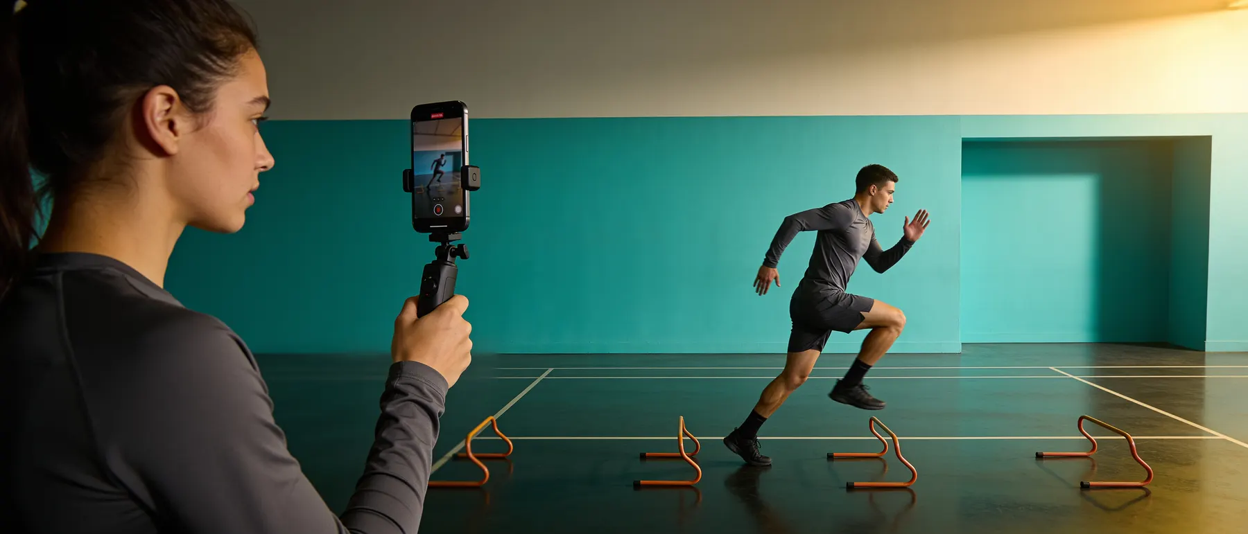 A creator filming an athlete on her phone as he runs a line of agility hurdles.