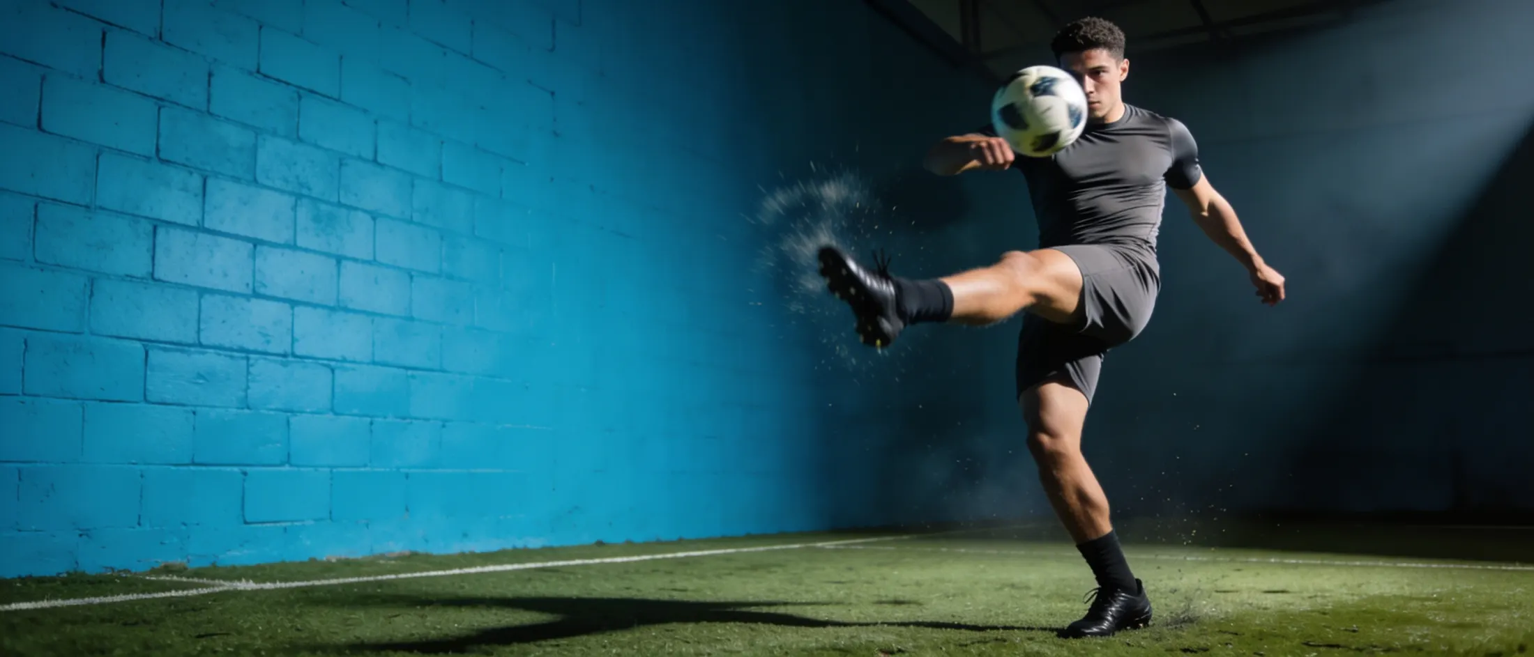 A player striking a soccer ball on a blue-lit indoor pitch.