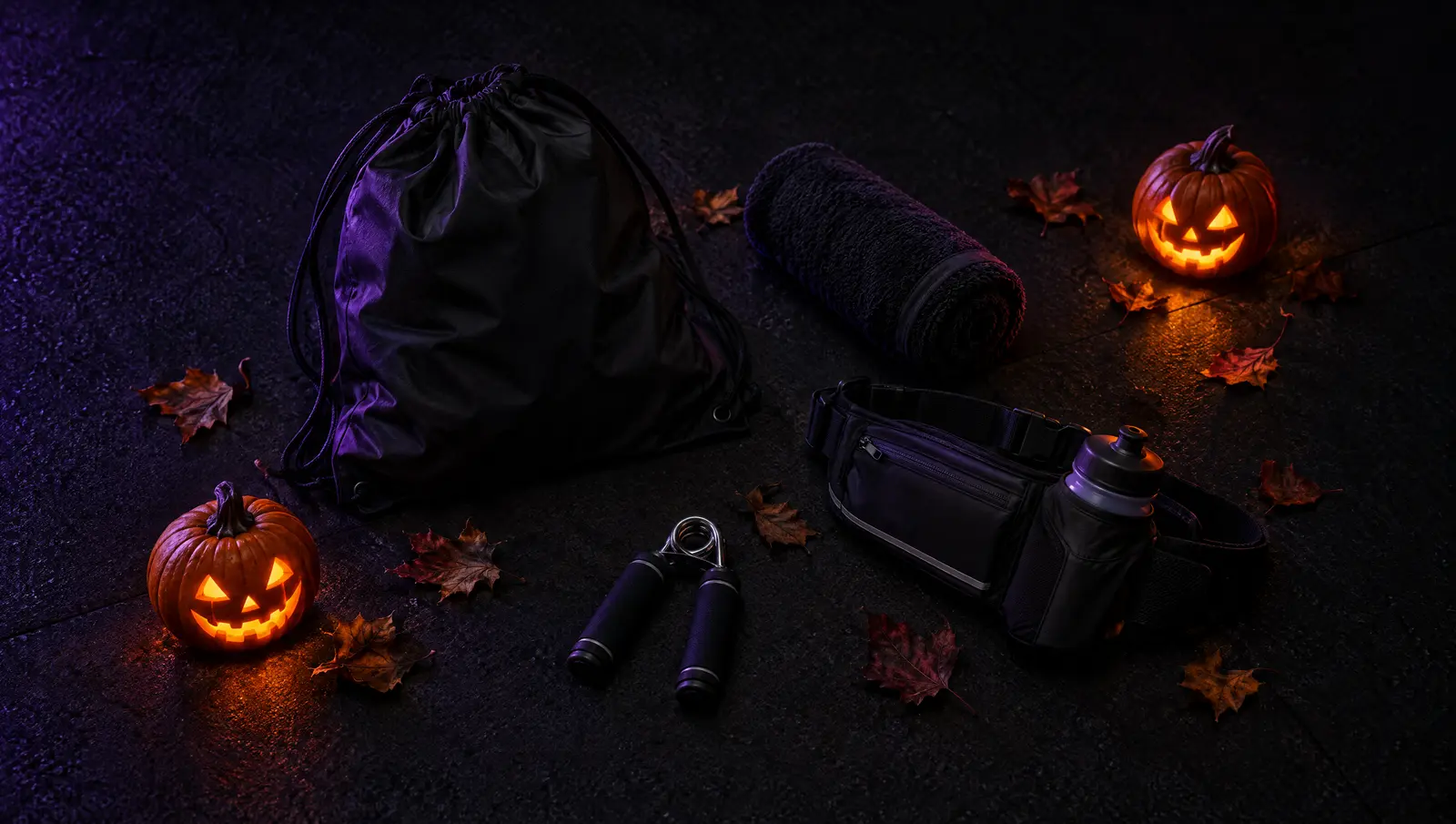 Gym bag, towel and training gear laid out on a dark floor between carved pumpkins.